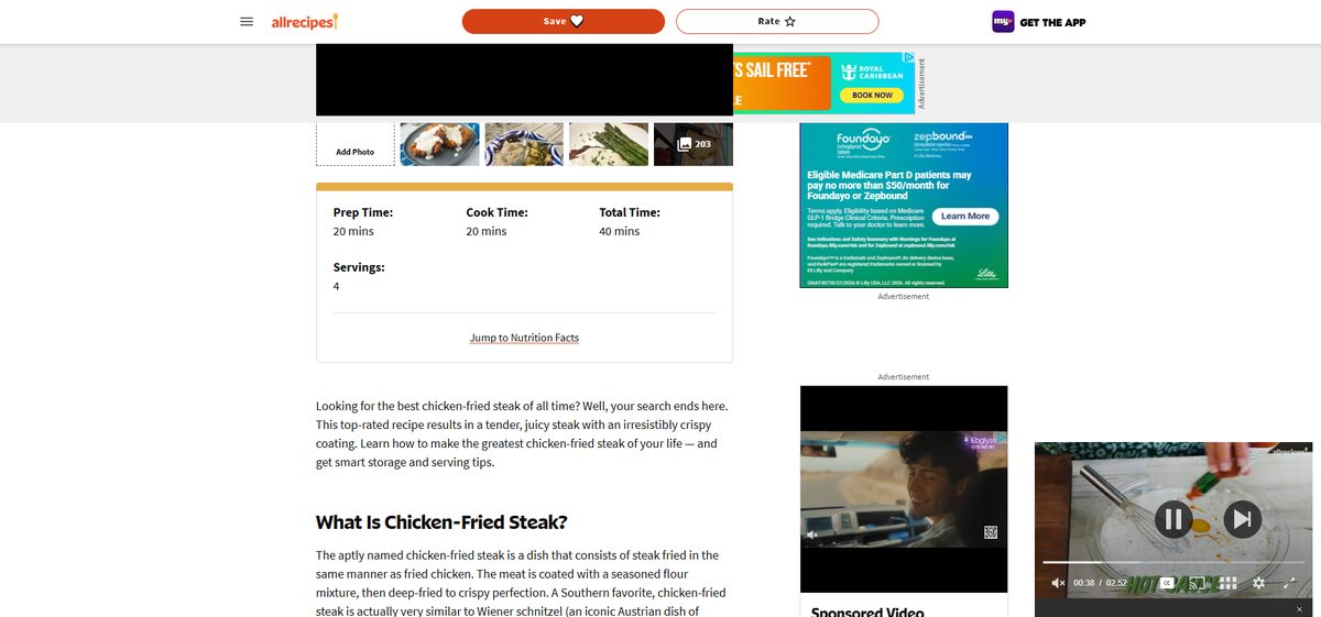 A recipe page on our laptop without Ron's Tech Net: banner and video ads beside and above the recipe