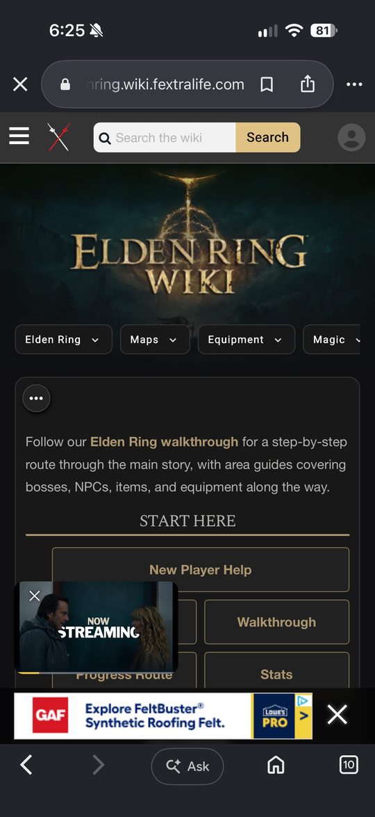 A game wiki on our phone without Ron's Tech Net: a pop-up video and a banner ad cover the menu